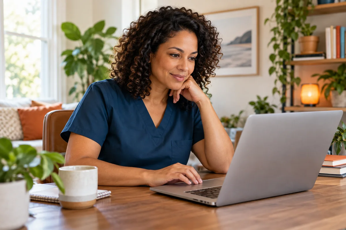 Illustrative image of a nurse exploring career opportunities at a laptop